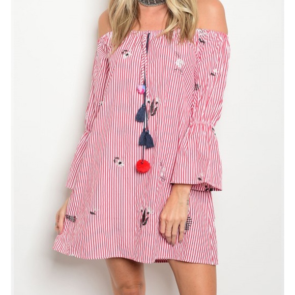 golden threads Dresses & Skirts - LAST ONE! Red and White Stripe Off Shoulder Dress